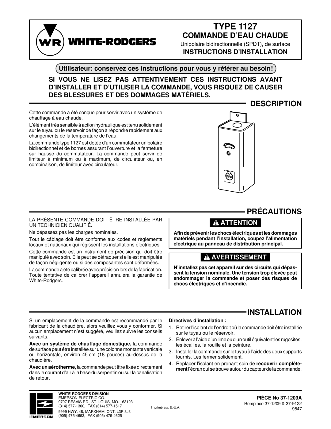 White Rodgers 1127 Commande D’EAU Chaude, Précautions, Directives d’installation, Pièce No 37-1209A 