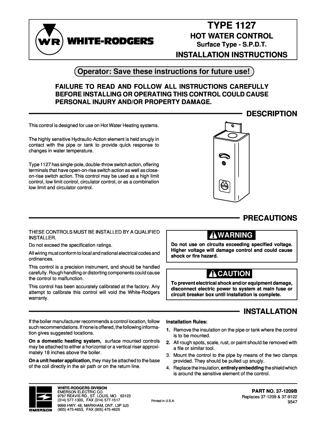 White Rodgers 1127 installation instructions White-Rodgers, Installation Instructions, Description, Precautions, Type 