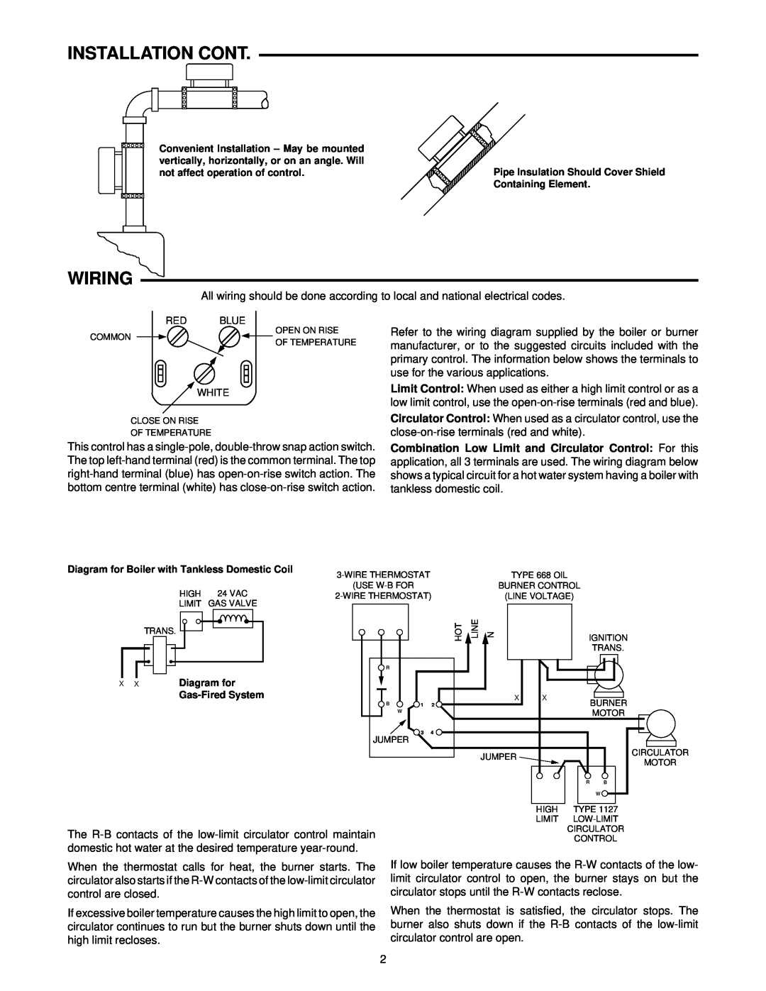 White Rodgers 1127 installation instructions Installation Cont, Wiring 