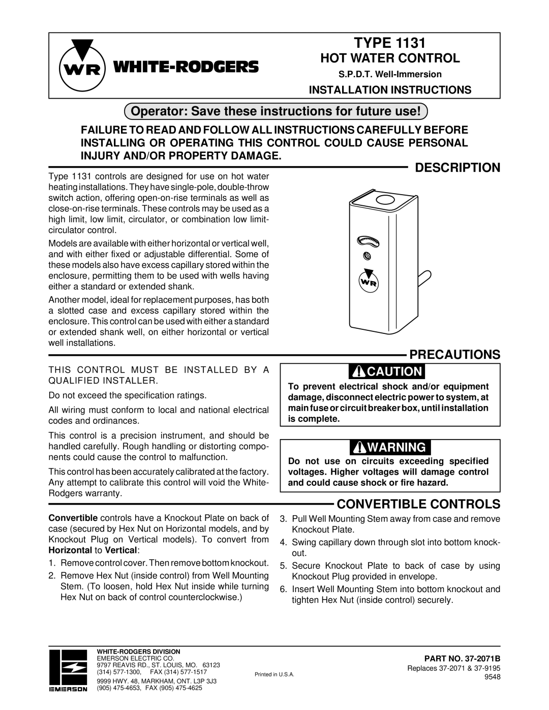 White Rodgers 1131 installation instructions Type, HOT Water Control, Description, Precautions, Convertible Controls 