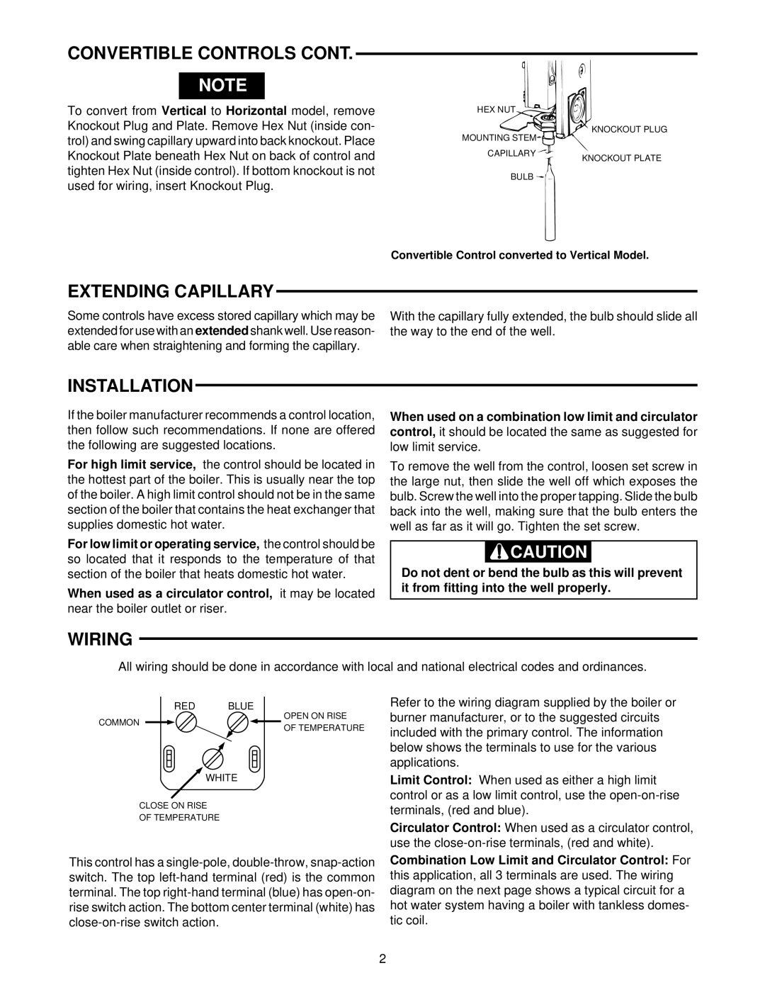 White Rodgers 1131 installation instructions Extending Capillary, Installation, Wiring, Common Open on Rise Temperature 