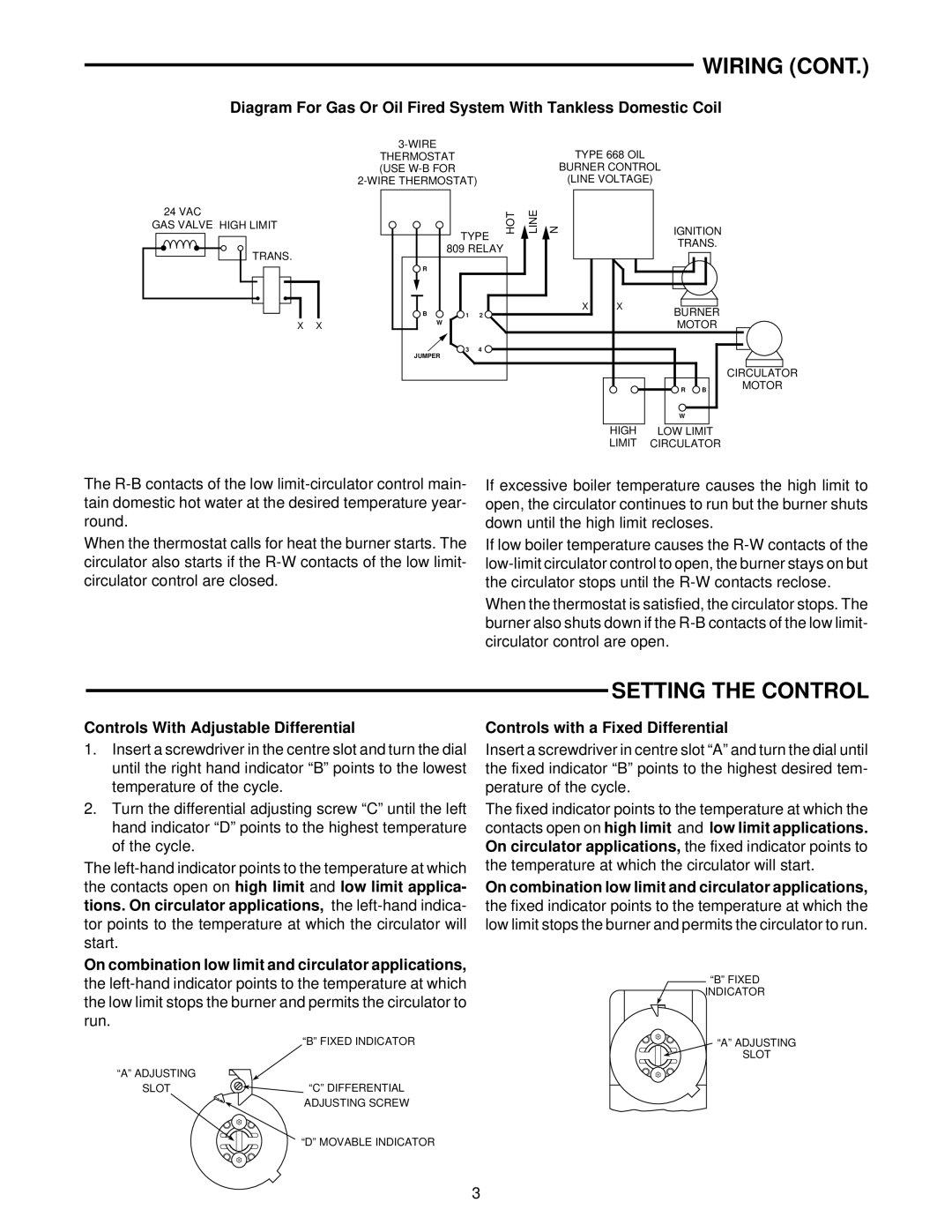 White Rodgers 1131 Setting the Control, Controls With Adjustable Differential, Controls with a Fixed Differential 