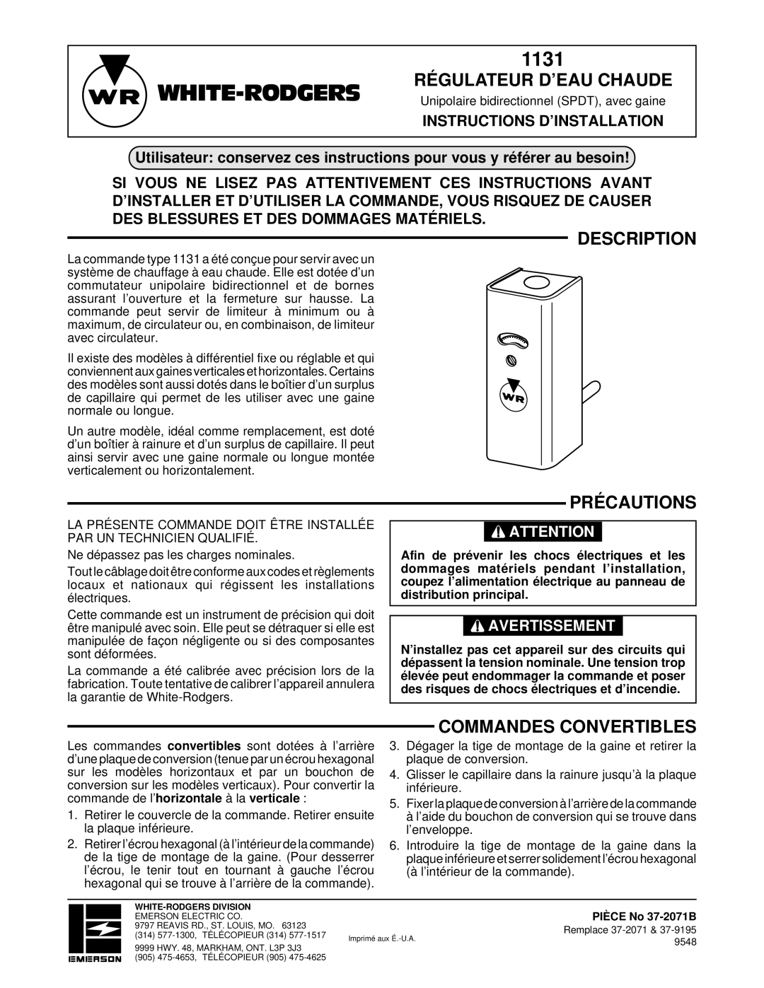 White Rodgers 1131 installation instructions Régulateur D’EAU Chaude, Précautions, Commandes Convertibles 