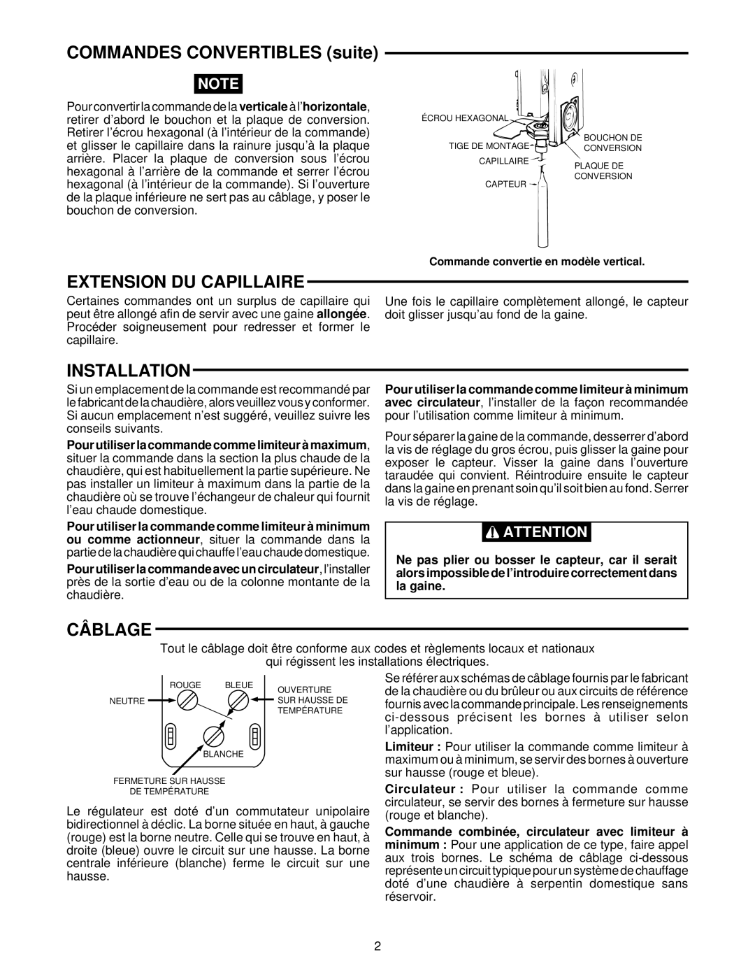 White Rodgers 1131 installation instructions Commandes Convertibles suite, Extension DU Capillaire, Câblage 