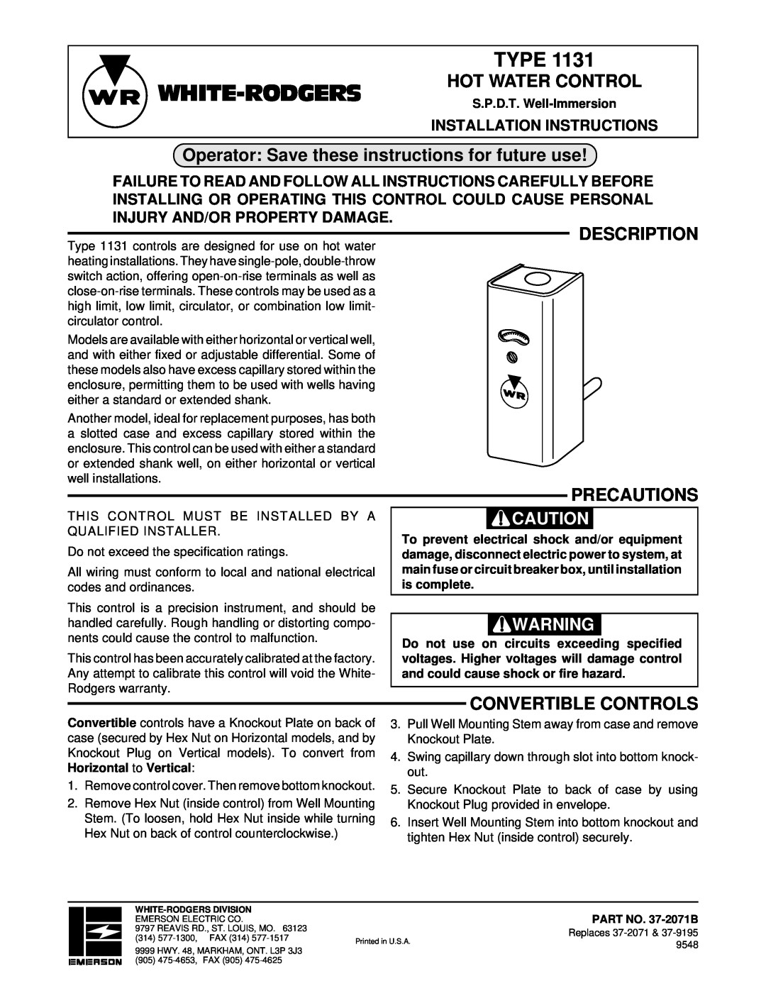 White Rodgers 1131 installation instructions White-Rodgers, Type, Hot Water Control, Description, Precautions 