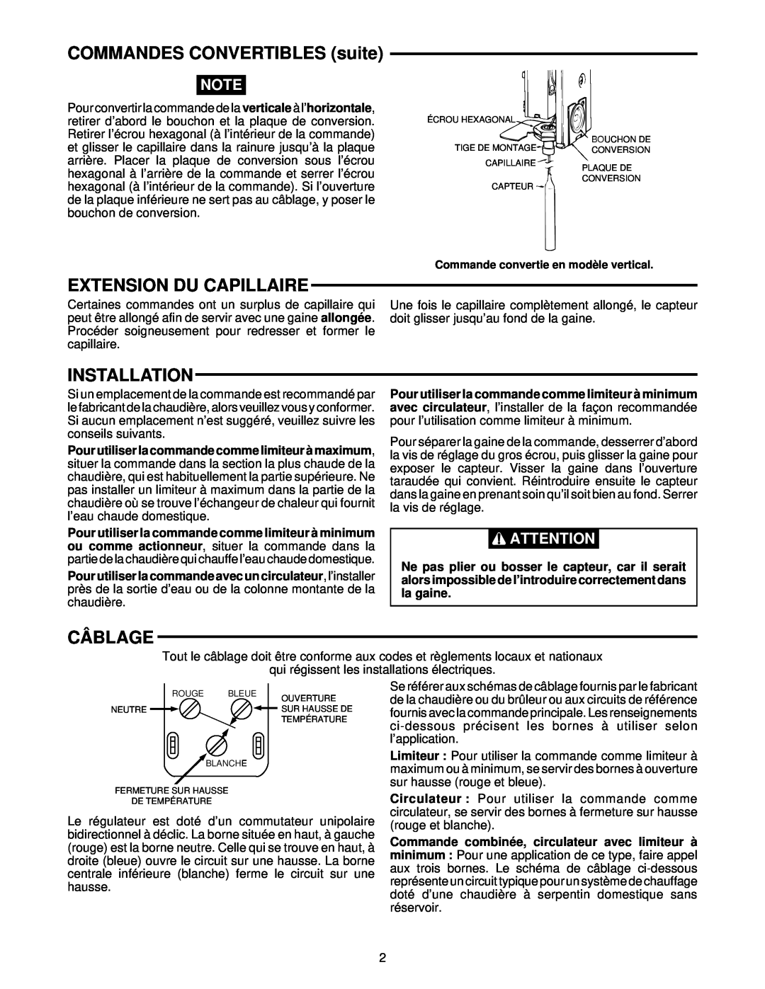White Rodgers 1131 installation instructions COMMANDES CONVERTIBLES suite, Extension Du Capillaire, Câblage, Installation 