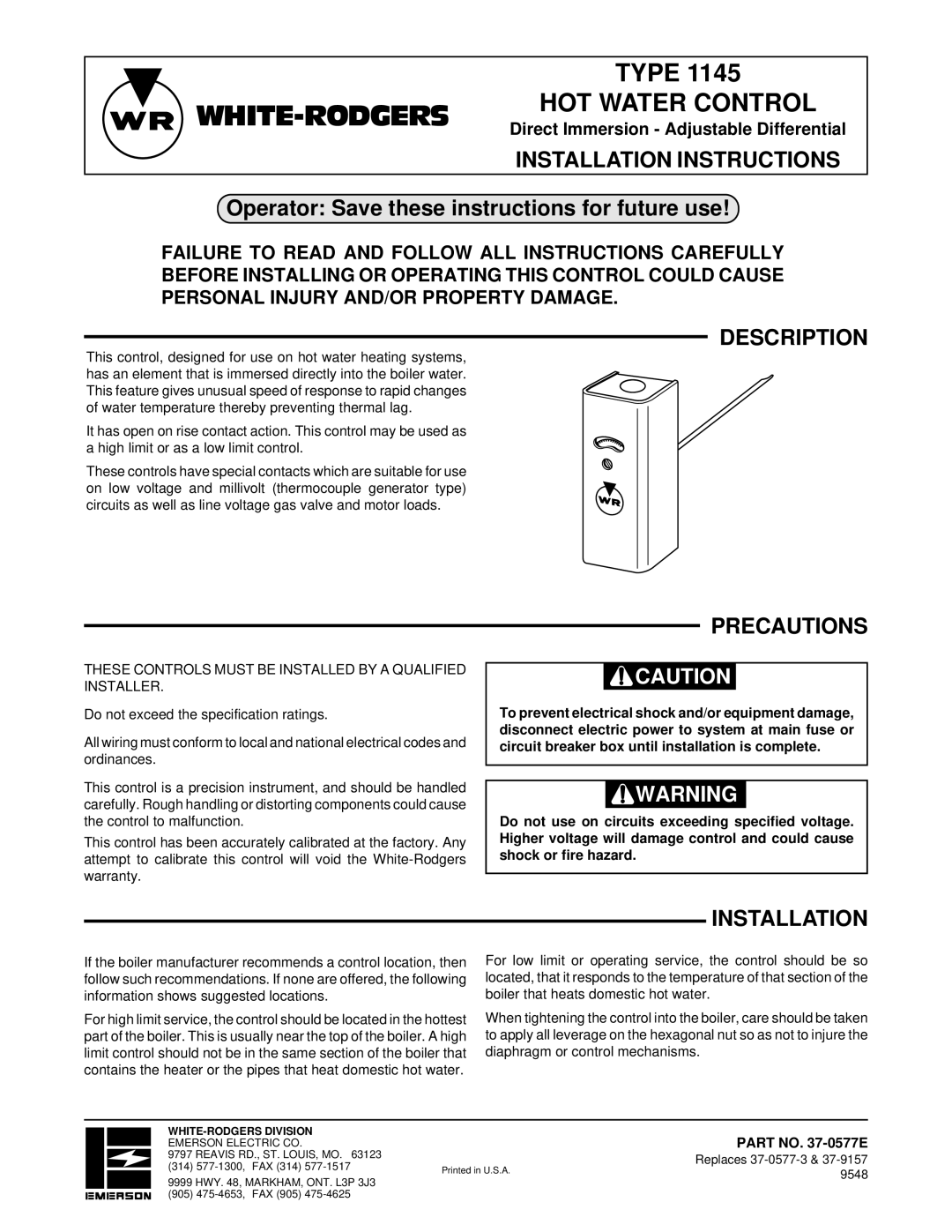 White Rodgers 1145 installation instructions Installation Instructions, Description, Precautions 