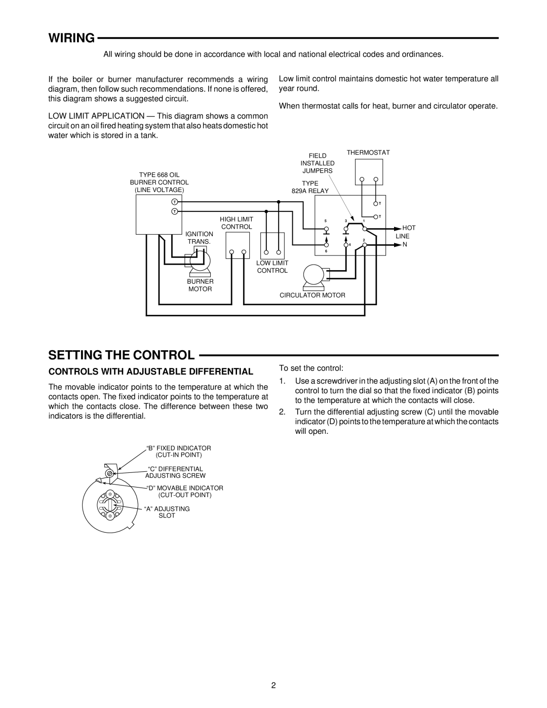 White Rodgers 1145 installation instructions Wiring, Setting the Control, Controls with Adjustable Differential 