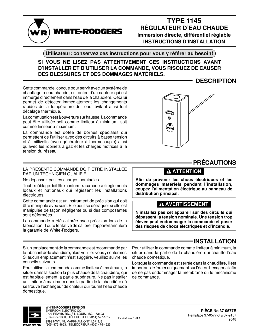 White Rodgers 1145 installation instructions Précautions, Régulateur D’EAU Chaude 