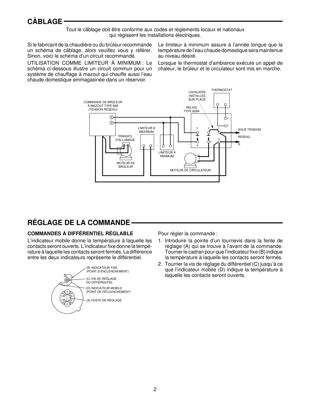 White Rodgers 1145 installation instructions Câblage, Réglage DE LA Commande, Commandes À Différentiel Réglable 