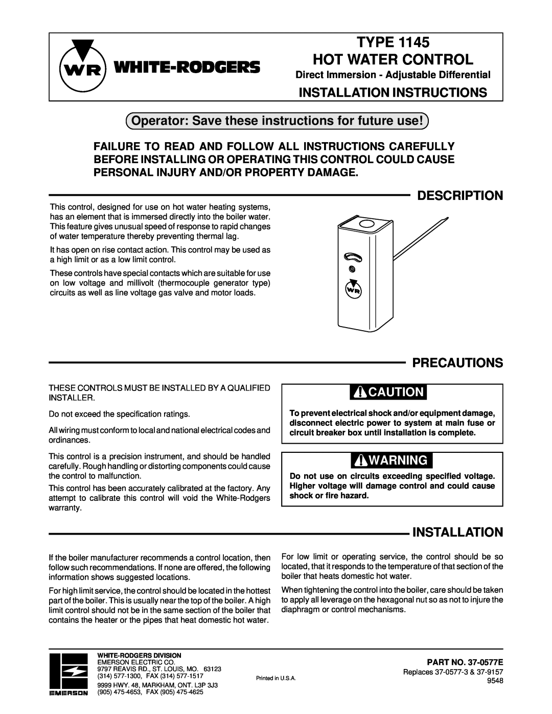 White Rodgers 1145 installation instructions White-Rodgers, Type Hot Water Control, Installation Instructions, Description 