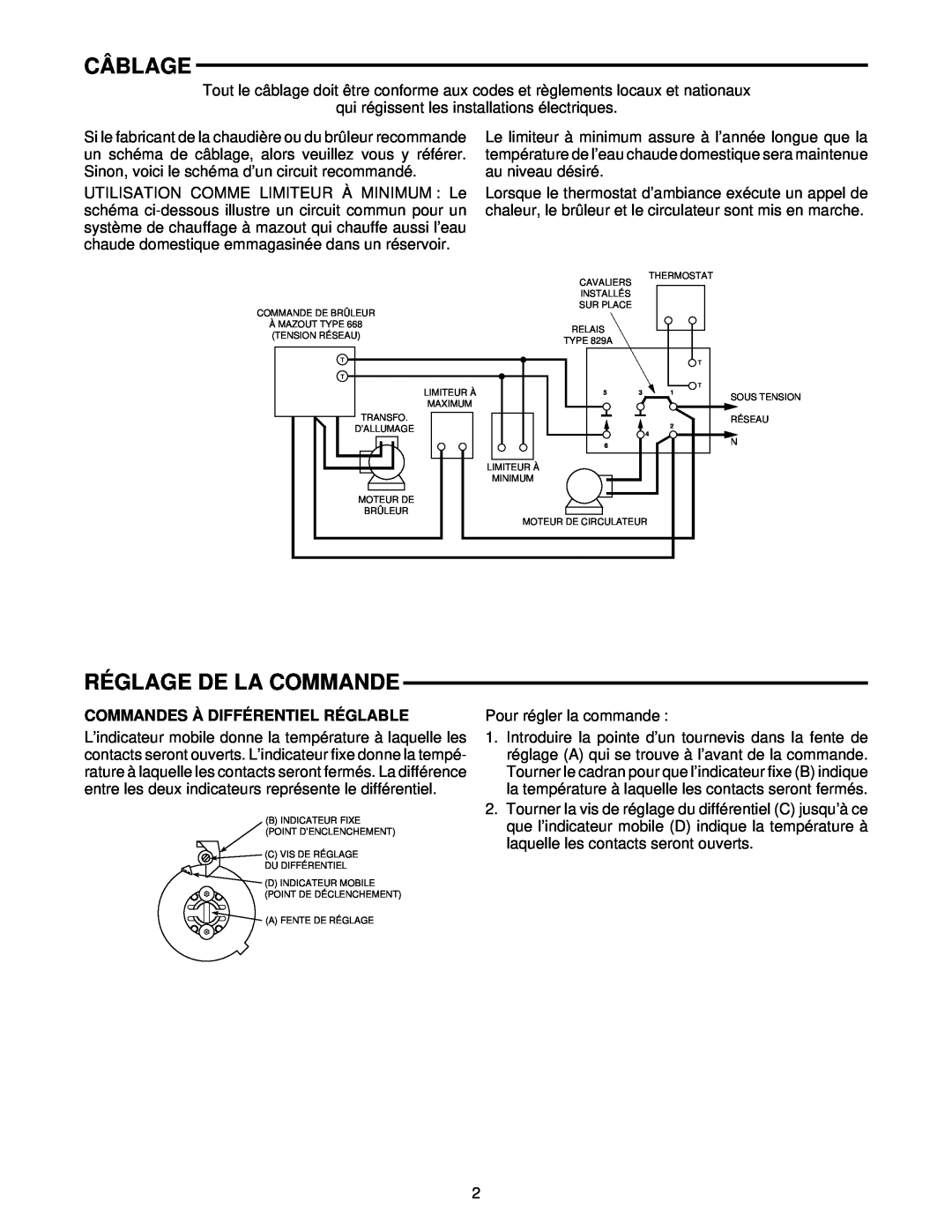 White Rodgers 1145 installation instructions Câblage, Réglage De La Commande, Commandes À Différentiel Réglable 