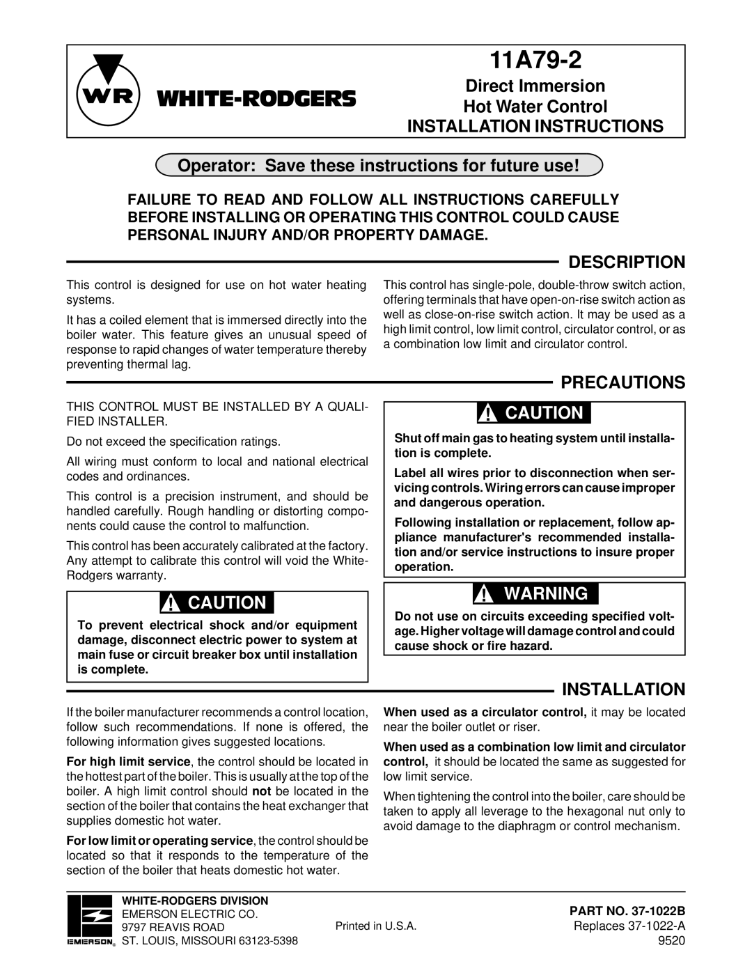 White Rodgers 11A79-2 installation instructions Installation Instructions, Description, Precautions 