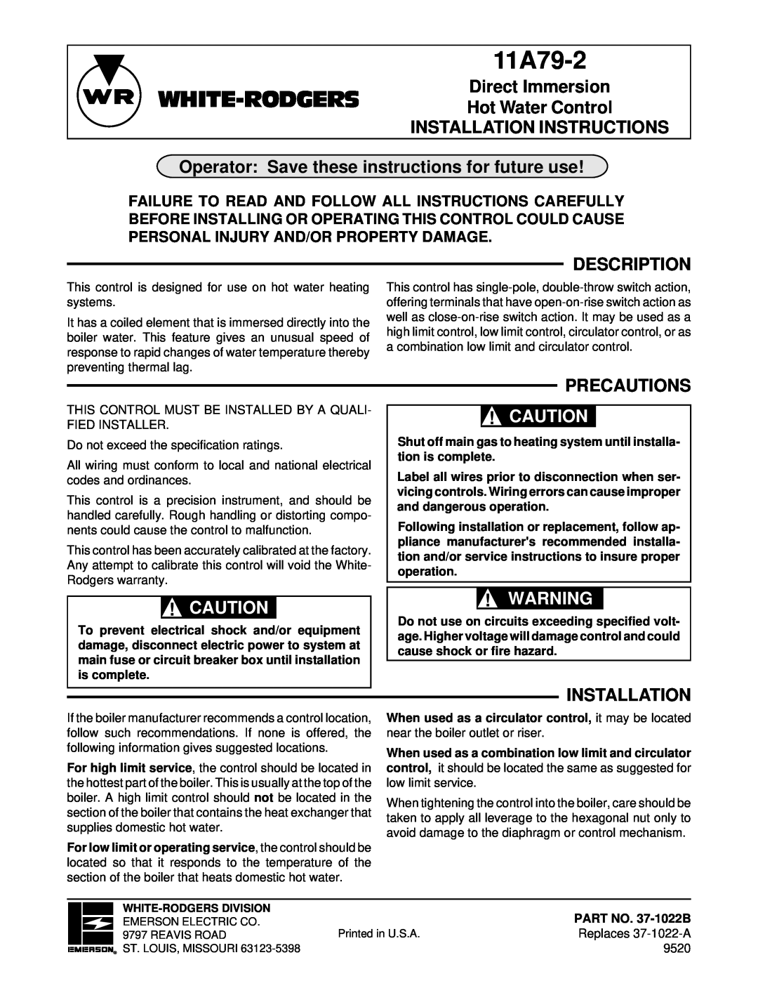 White Rodgers 11A79-2 installation instructions Direct Immersion Hot Water Control INSTALLATION INSTRUCTIONS, Description 