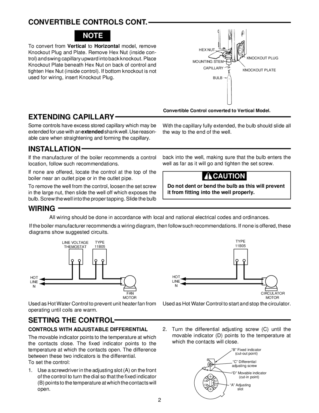 White Rodgers 11B05 Extending Capillary, Installation, Wiring, Setting the Control, Controls with Adjustable Differential 