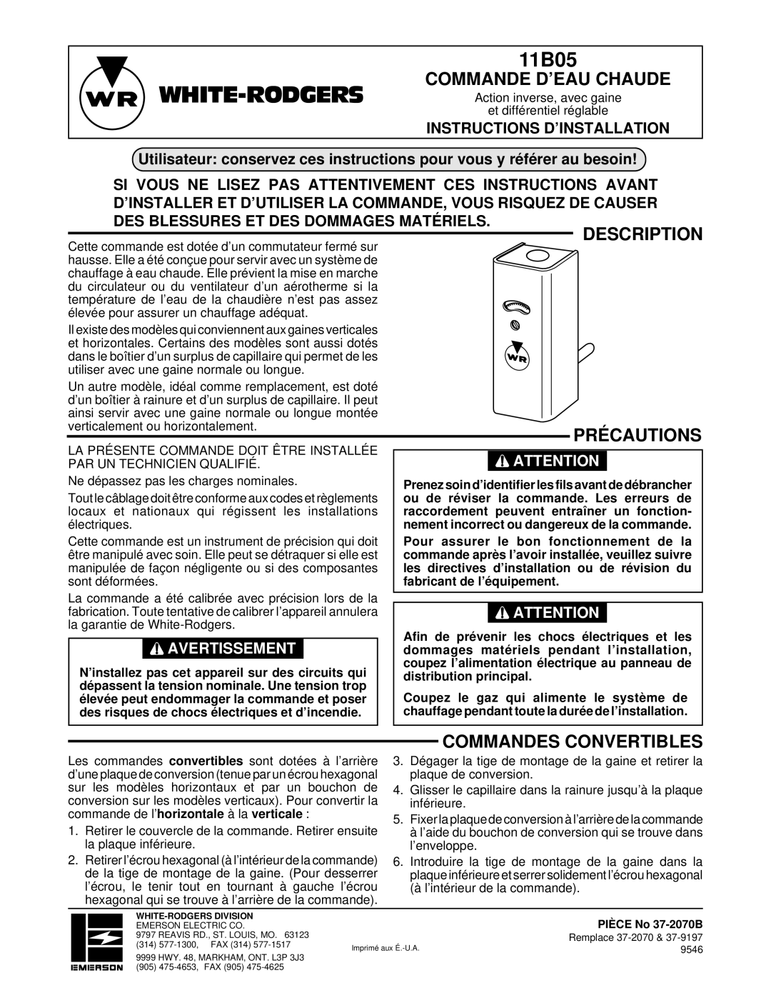 White Rodgers 11B05 installation instructions Commande D’EAU Chaude, Description Précautions, Commandes Convertibles 