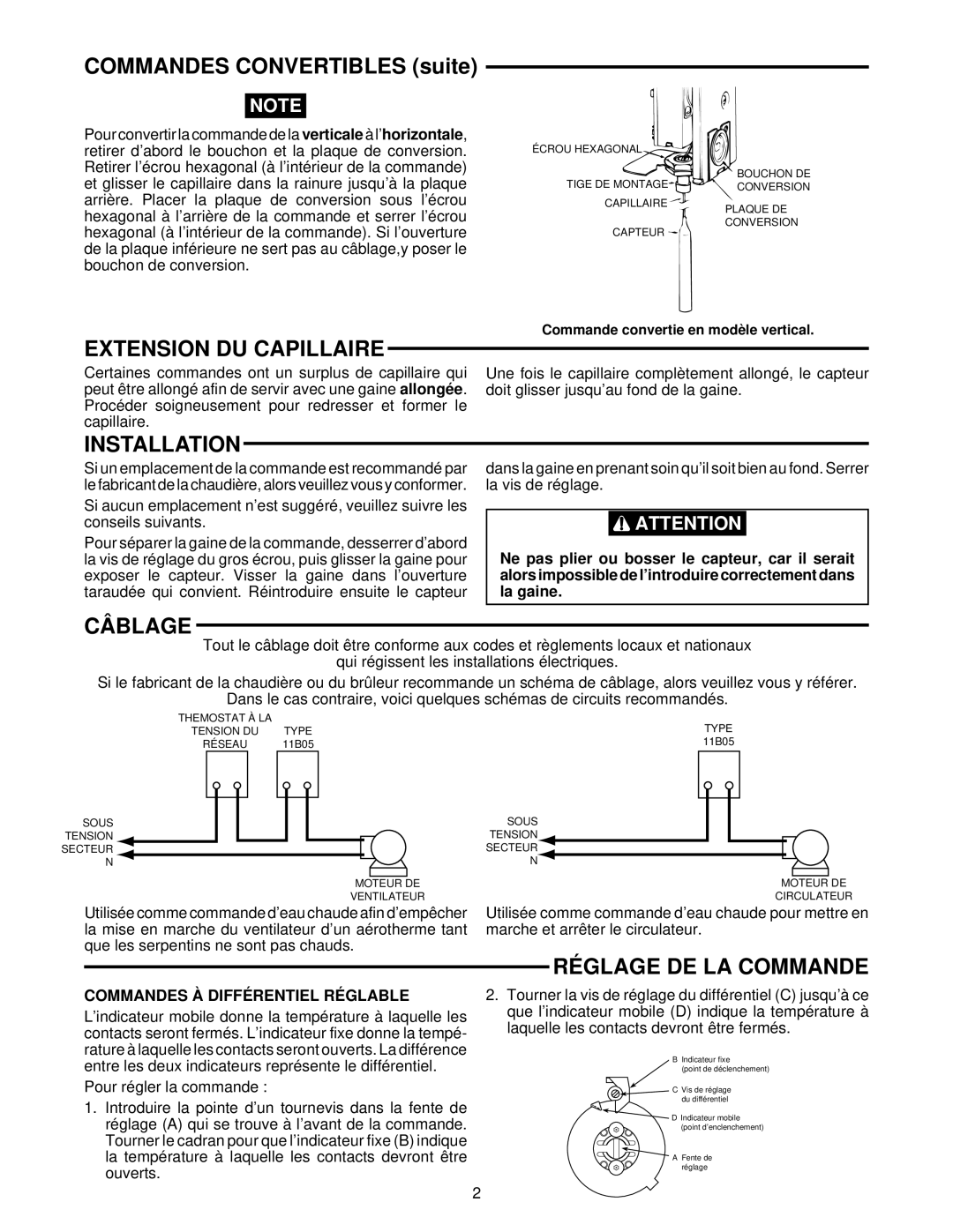 White Rodgers 11B05 Commandes Convertibles suite, Extension DU Capillaire, Câblage, Réglage DE LA Commande 