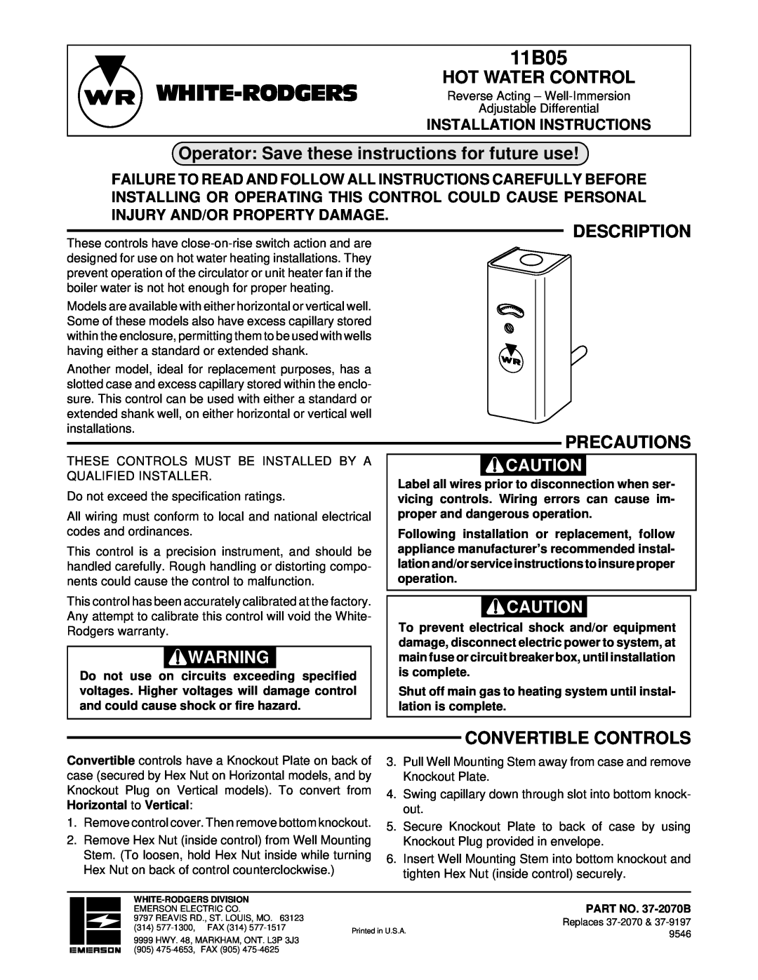 White Rodgers 11B05 installation instructions White-Rodgers, Hot Water Control, Description, Precautions 