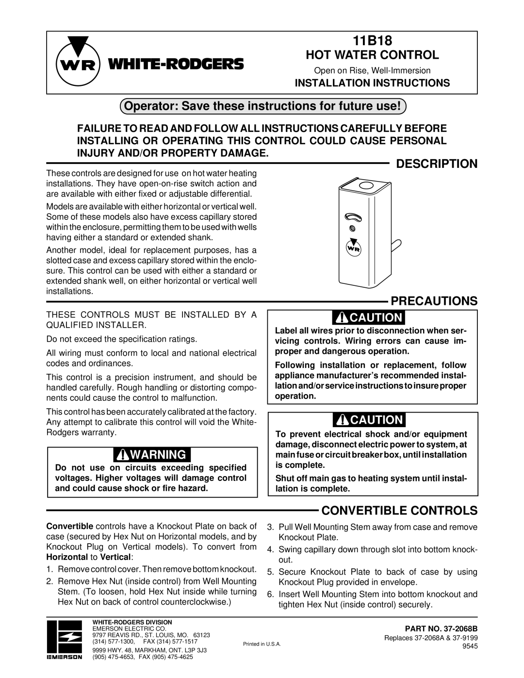 White Rodgers 11B18 installation instructions HOT Water Control, Operator Save these instructions for future use 