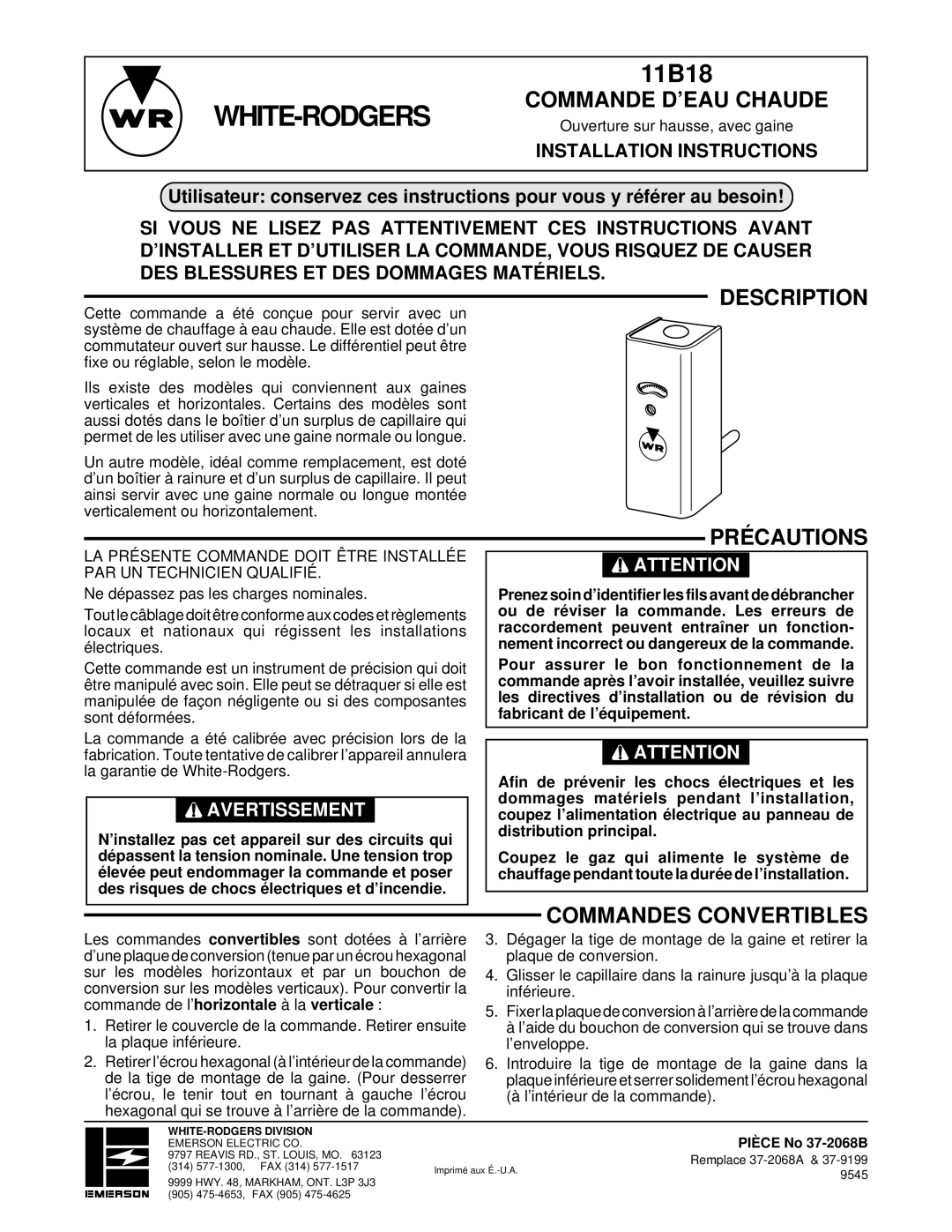 White Rodgers 11B18 installation instructions Commande D’EAU Chaude, Précautions, Commandes Convertibles, Pièce No 37-2068B 