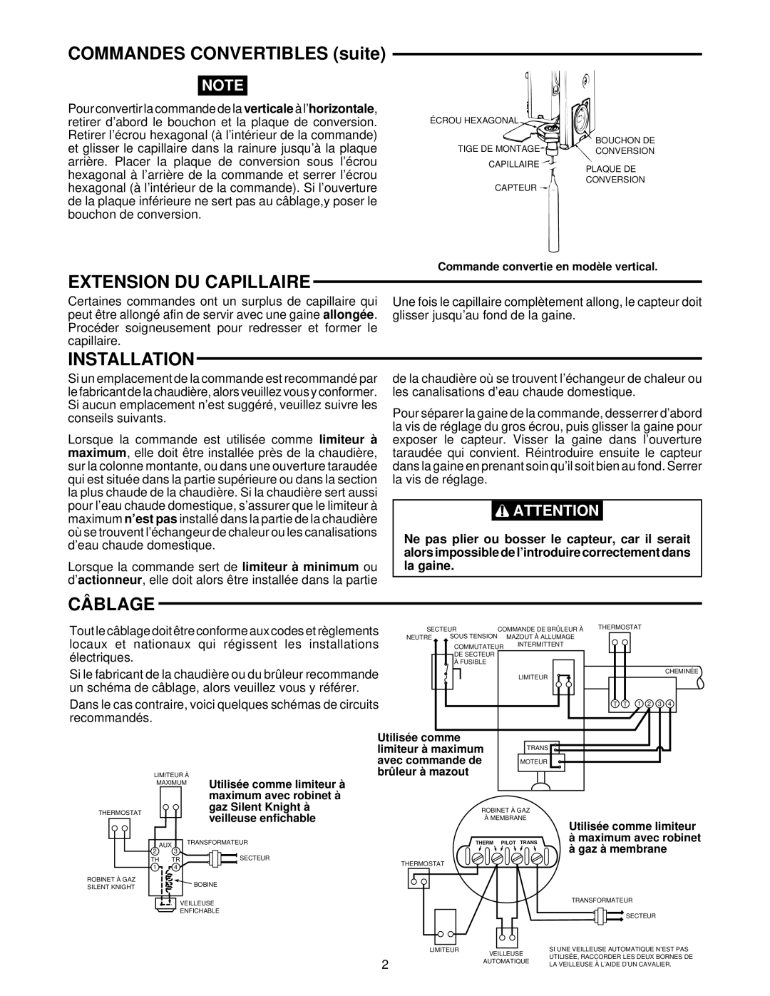 White Rodgers 11B18 installation instructions Commandes Convertibles suite, Extension DU Capillaire, Câblage 