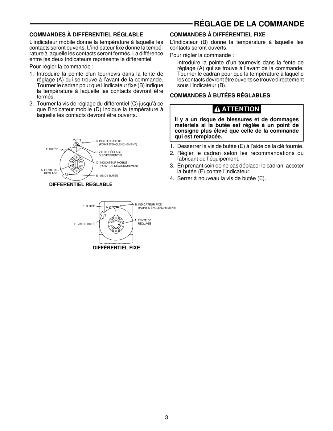 White Rodgers 11B18 Réglage DE LA Commande, Commandes À Différentiel Réglable, Commandes À Différentiel Fixe 