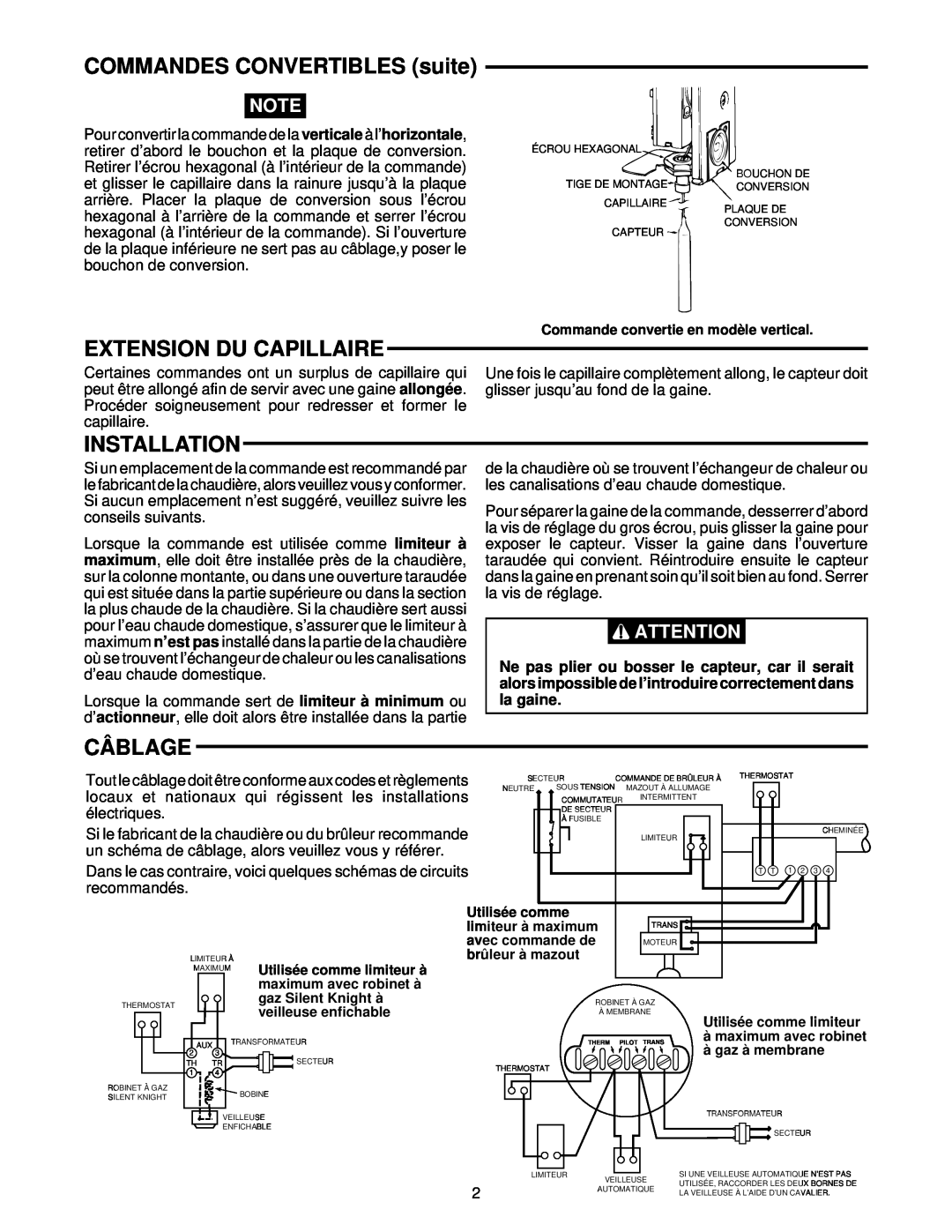 White Rodgers 11B18 installation instructions COMMANDES CONVERTIBLES suite, Extension Du Capillaire, Câblage, Installation 