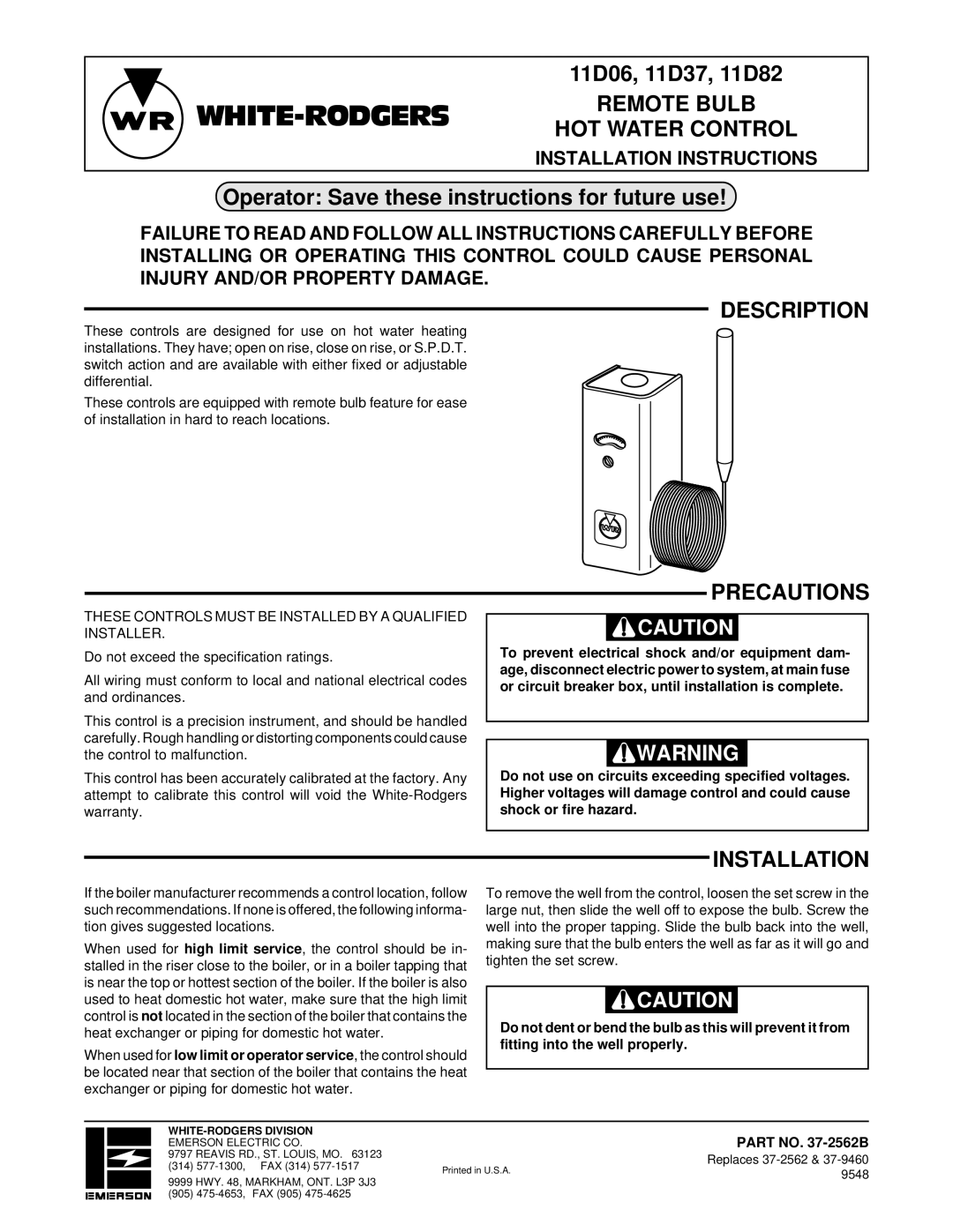 White Rodgers 11D06, 11D82 installation instructions Remote Bulb HOT Water Control, Description, Precautions, Installation 