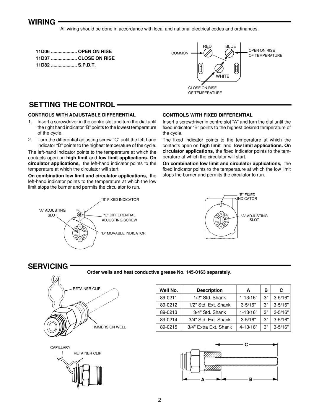 White Rodgers 11D37, 11D82, 11D06 installation instructions Wiring, Setting the Control, Servicing 