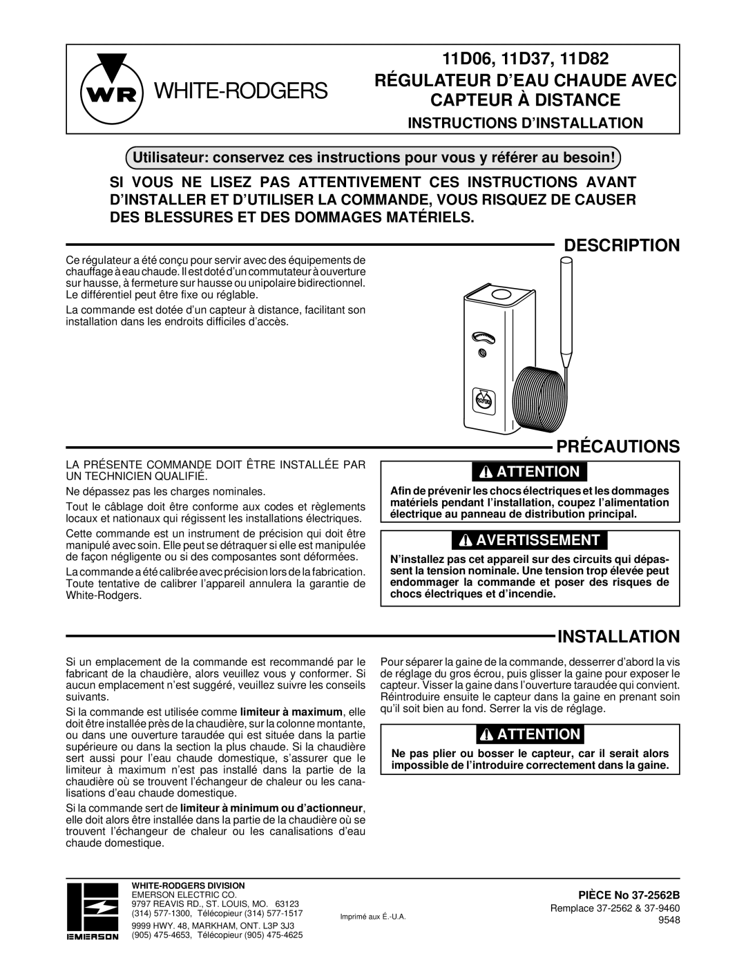 White Rodgers 11D82, 11D06, 11D37 installation instructions Précautions, Pièce No 37-2562B 