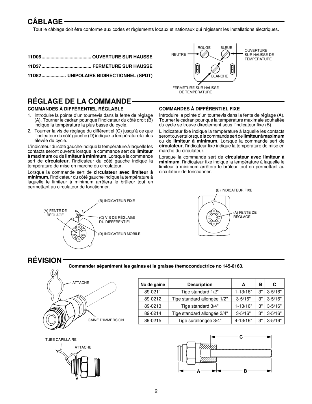 White Rodgers 11D06, 11D82, 11D37 installation instructions Câblage, Réglage DE LA Commande, Révision 