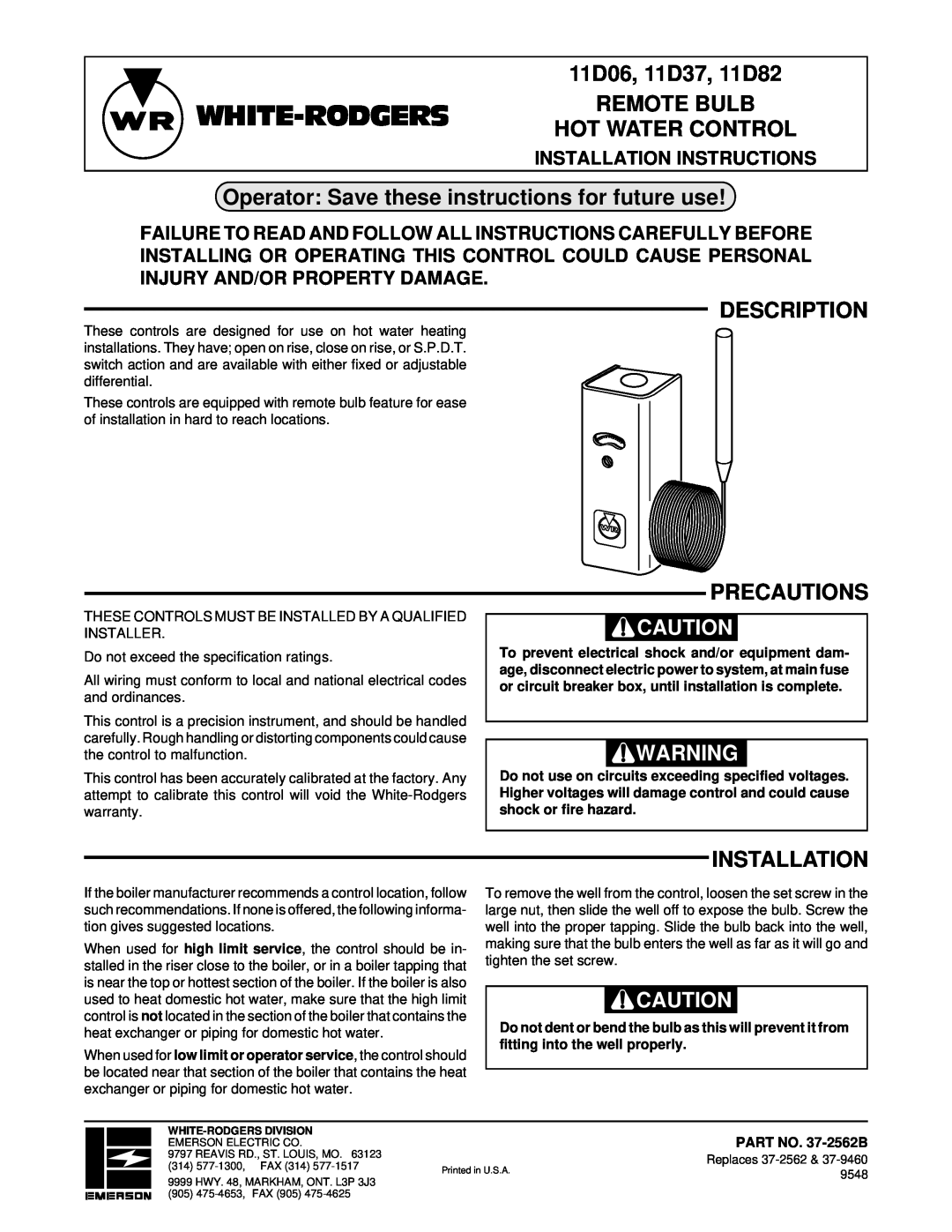 White Rodgers installation instructions White-Rodgers, 11D06, 11D37, 11D82 REMOTE BULB HOT WATER CONTROL, Description 