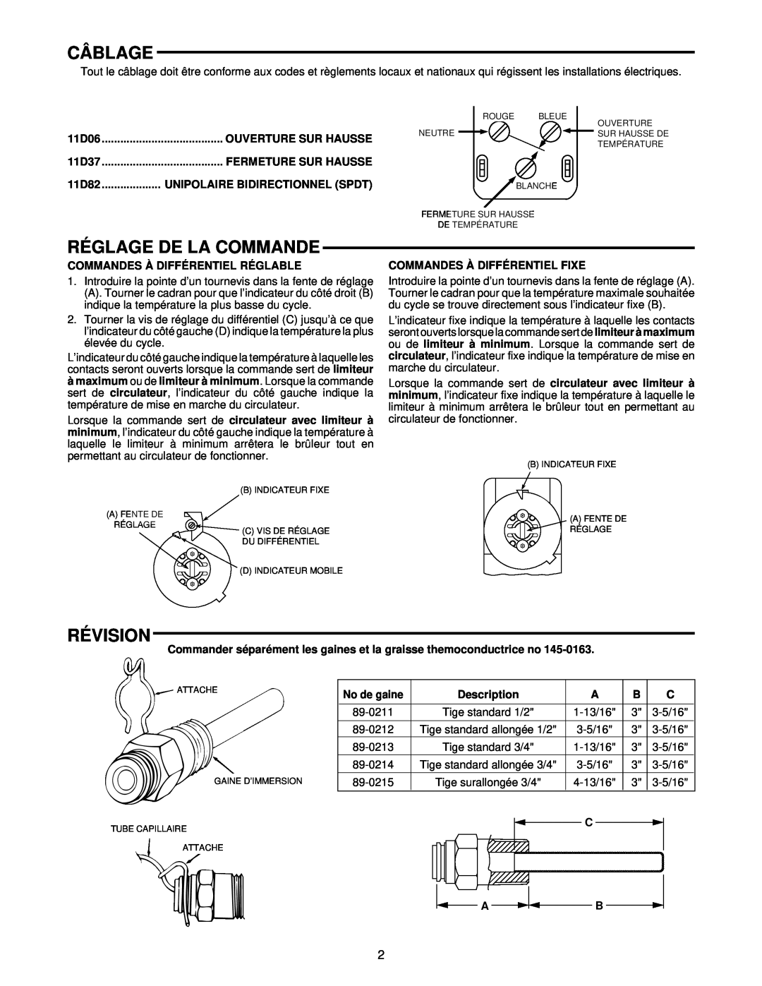 White Rodgers 11D06, 11D82, 11D37 installation instructions Câblage, Réglage De La Commande, Révision 