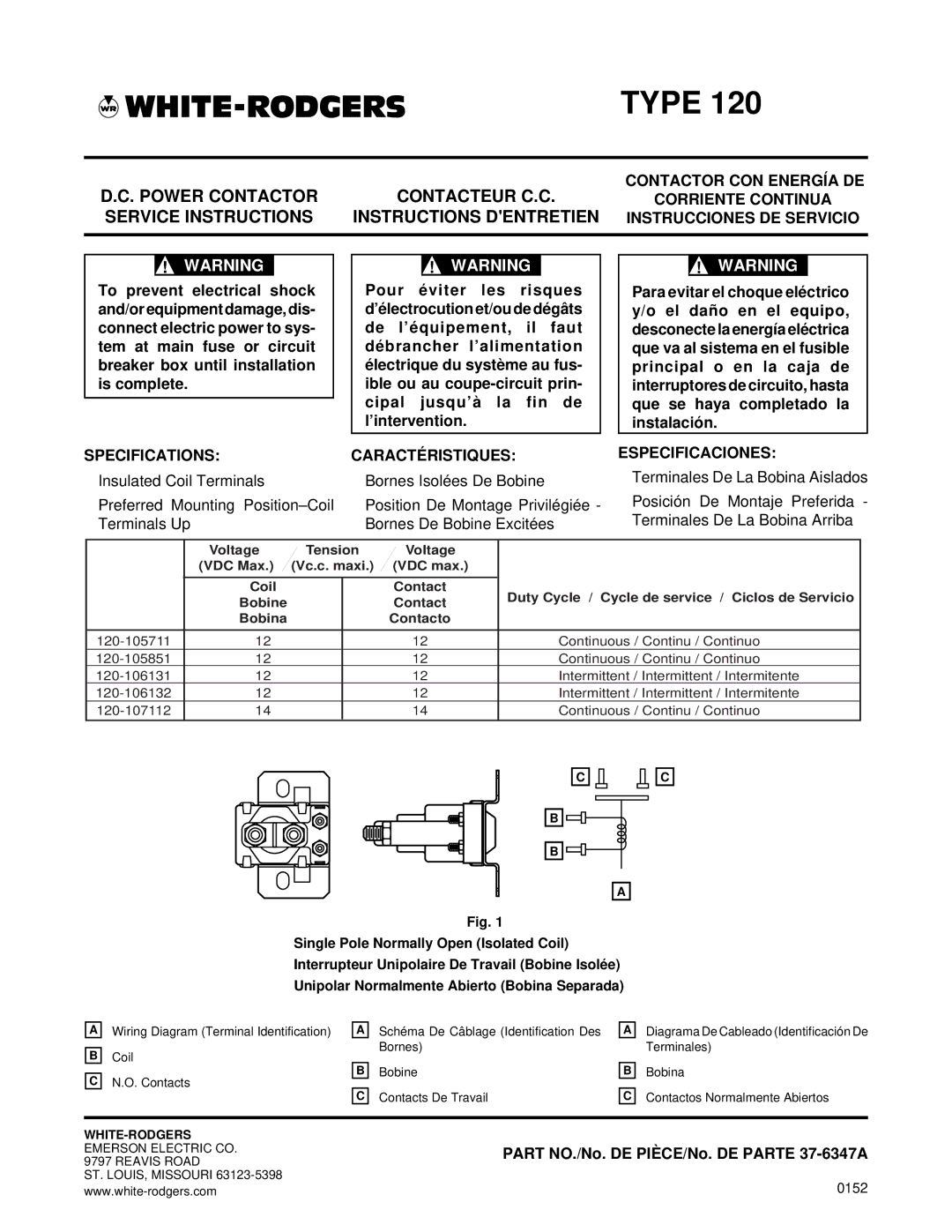 White Rodgers 120 specifications Type, Power Contactor Contacteur C.C, Service Instructions Instructions Dentretien 