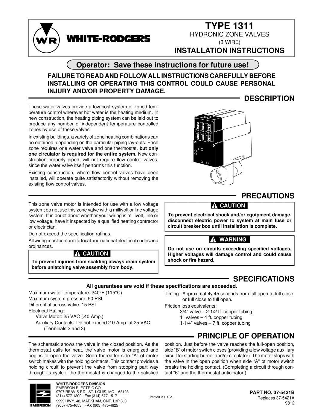 White Rodgers 1311 installation instructions Installation Instructions, Description, Precautions, Specifications 