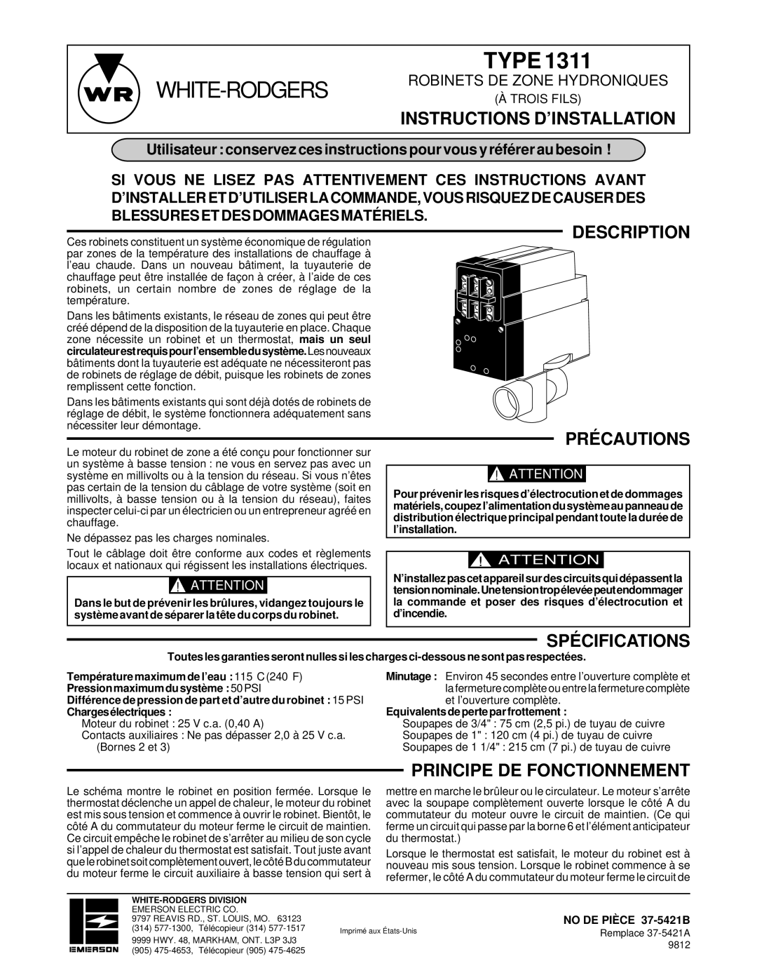 White Rodgers 1311 installation instructions Précautions, Principe DE Fonctionnement 