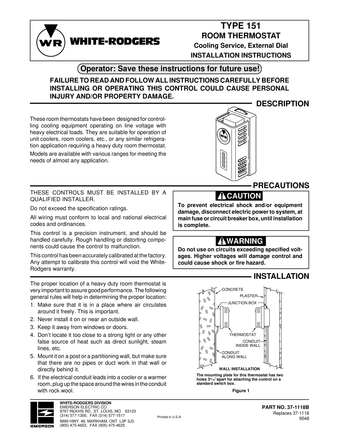 White Rodgers 151 installation instructions Room Thermostat, Description, Precautions, Installation 