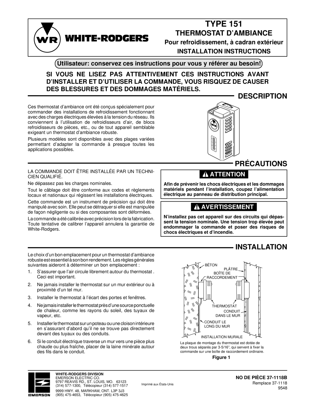 White Rodgers 151 installation instructions Précautions, Thermostat D’AMBIANCE 