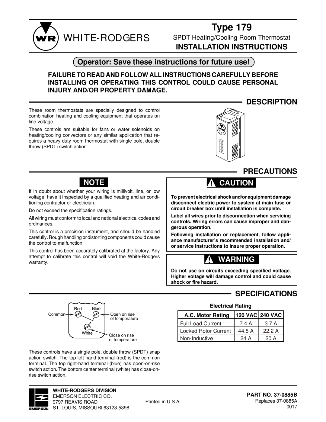 White Rodgers 179 specifications Installation Instructions, Description, Precautions, Specifications 