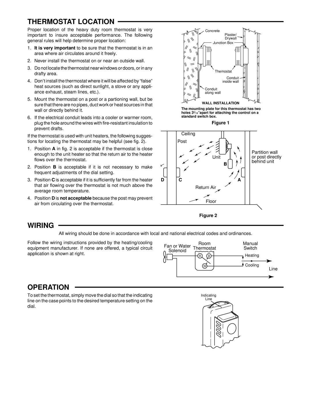 White Rodgers 179 specifications Thermostat Location, Wiring, Operation 