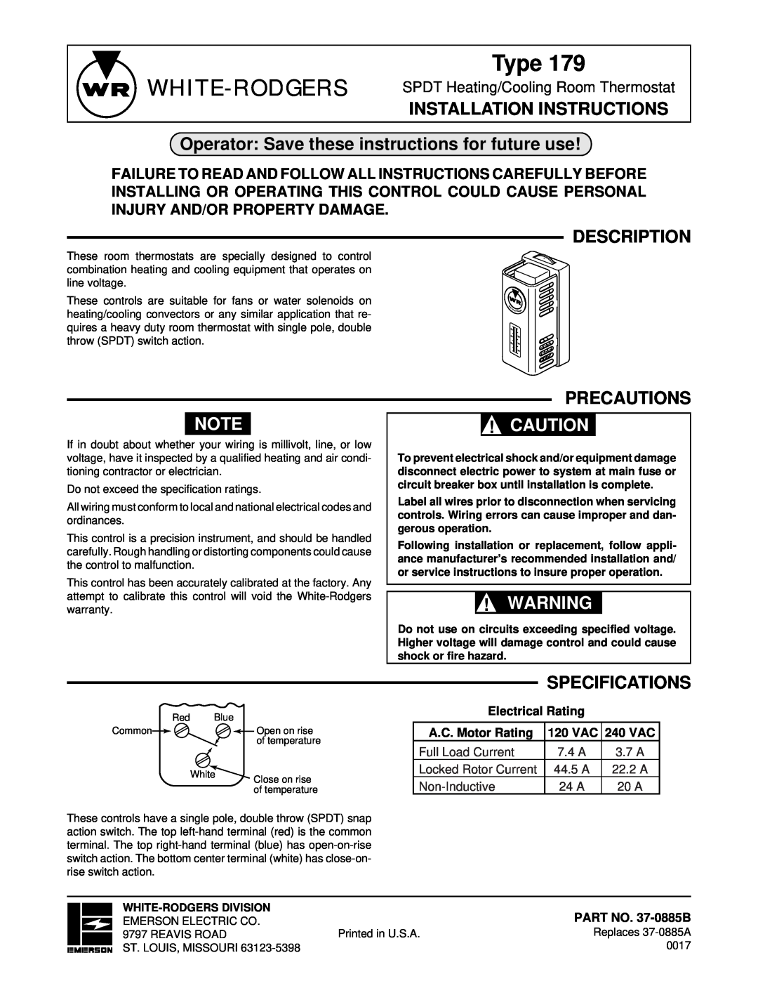 White Rodgers 179 specifications Installation Instructions, Operator Save these instructions for future use, Description 