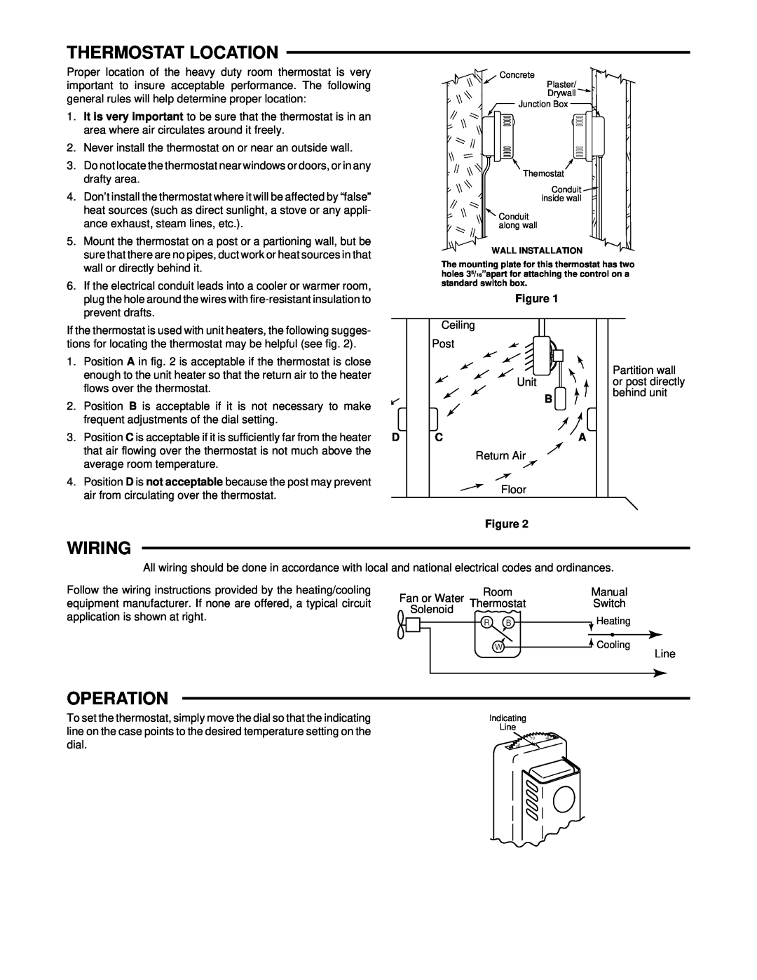 White Rodgers 179 specifications Thermostat Location, Wiring, Operation 