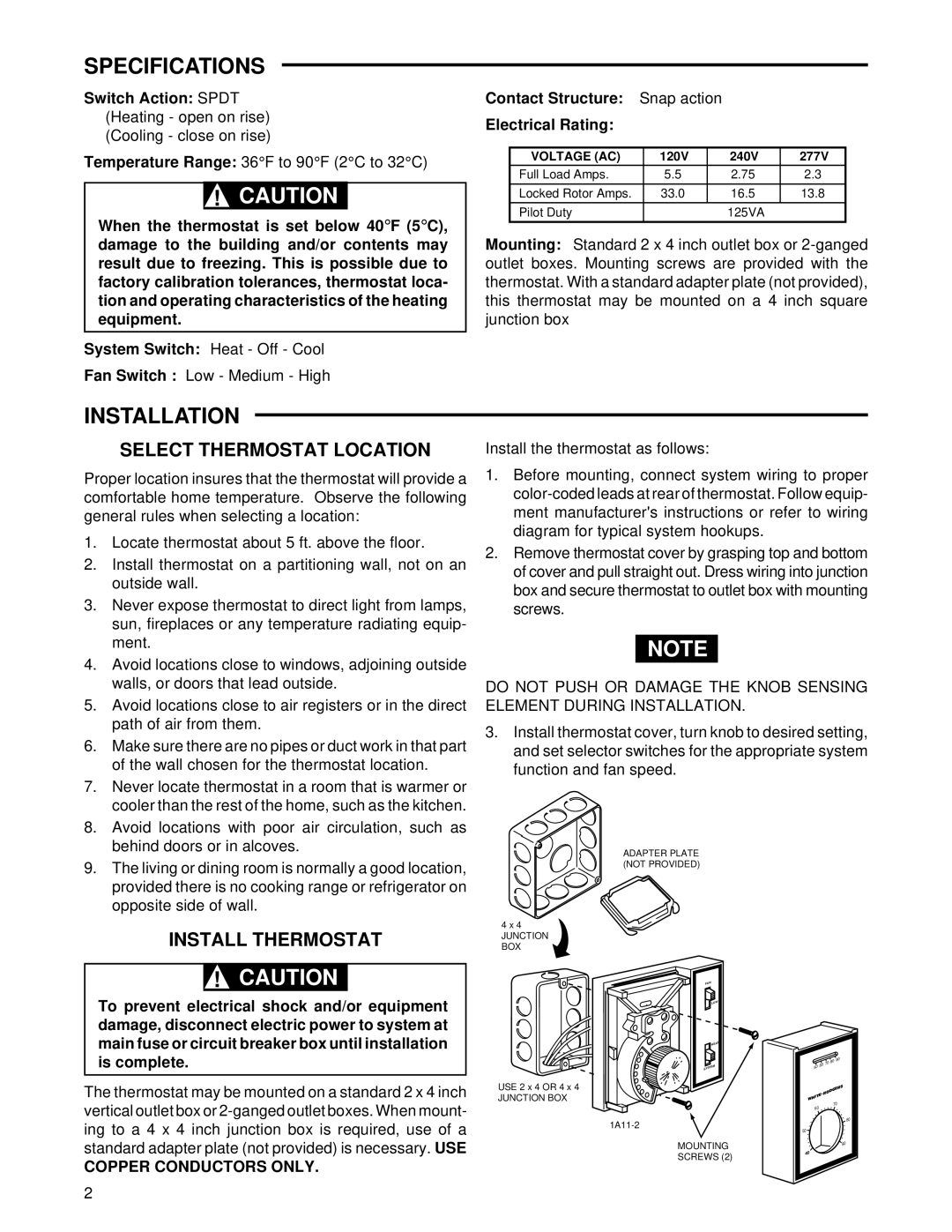 White Rodgers 1A11-2 installation instructions Specifications, Installation, Select Thermostat Location, Install Thermostat 