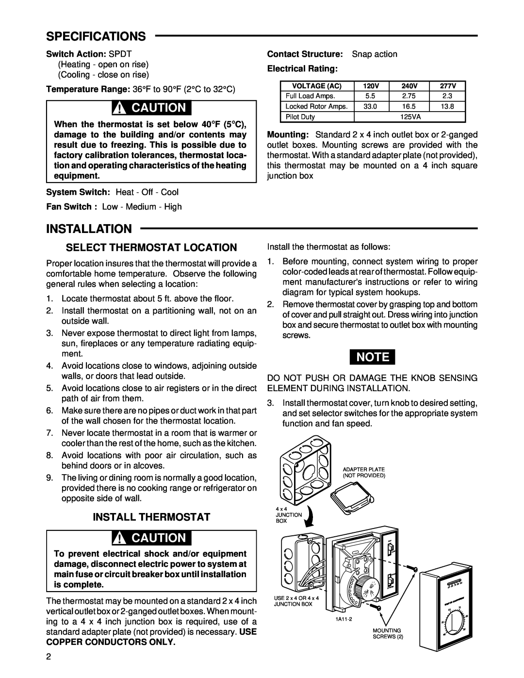White Rodgers 1A11-2 installation instructions Specifications, Installation, Select Thermostat Location, Install Thermostat 