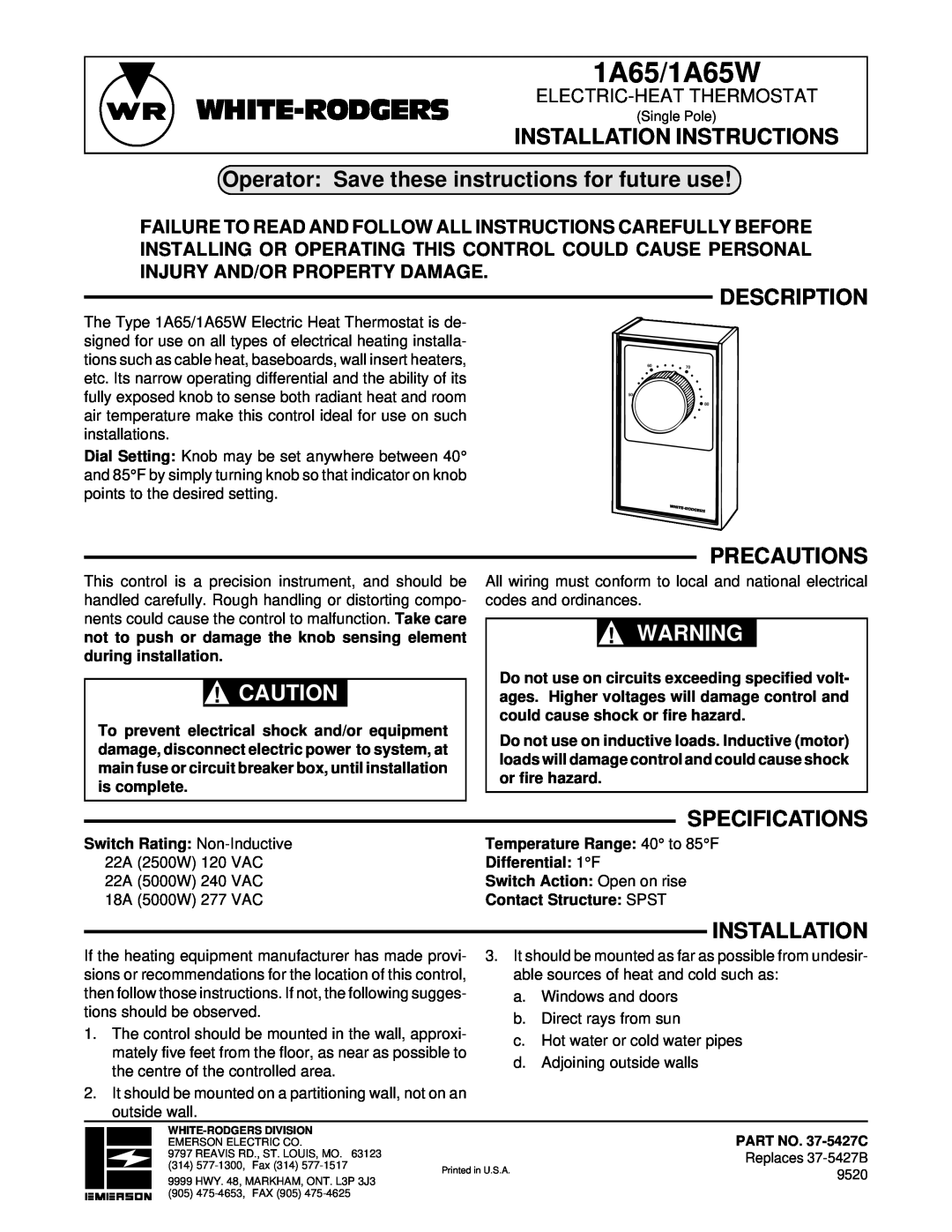 White Rodgers 1A65 installation instructions Installation Instructions, Operator Save these instructions for future use 
