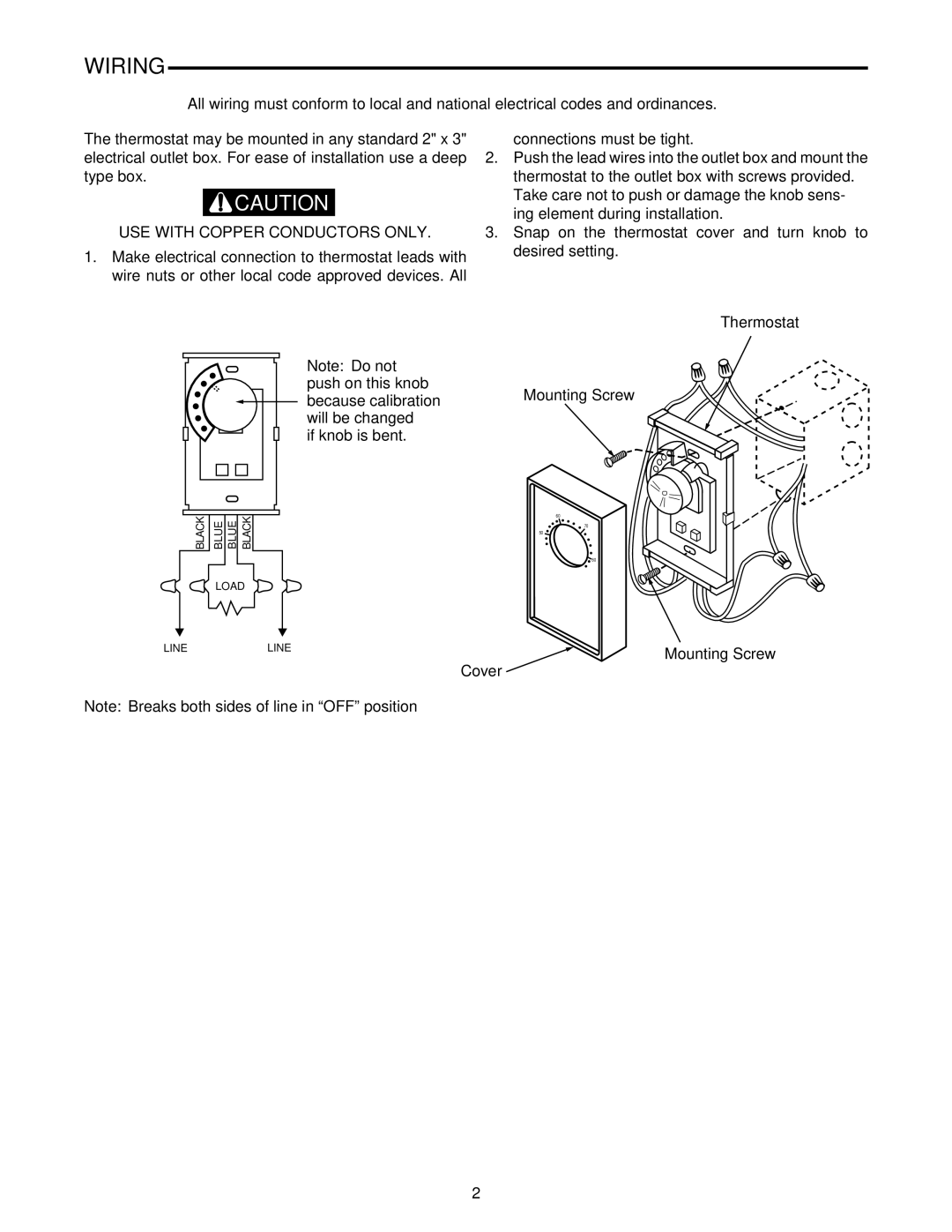 White Rodgers 1A66W installation instructions Wiring, USE with Copper Conductors only 