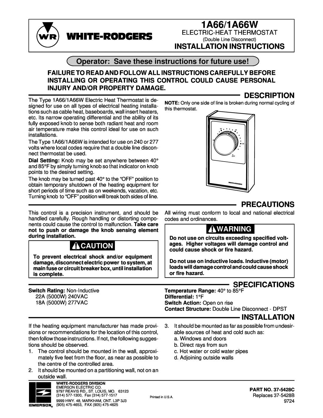 White Rodgers 1A66 installation instructions Installation Instructions, Operator Save these instructions for future use 