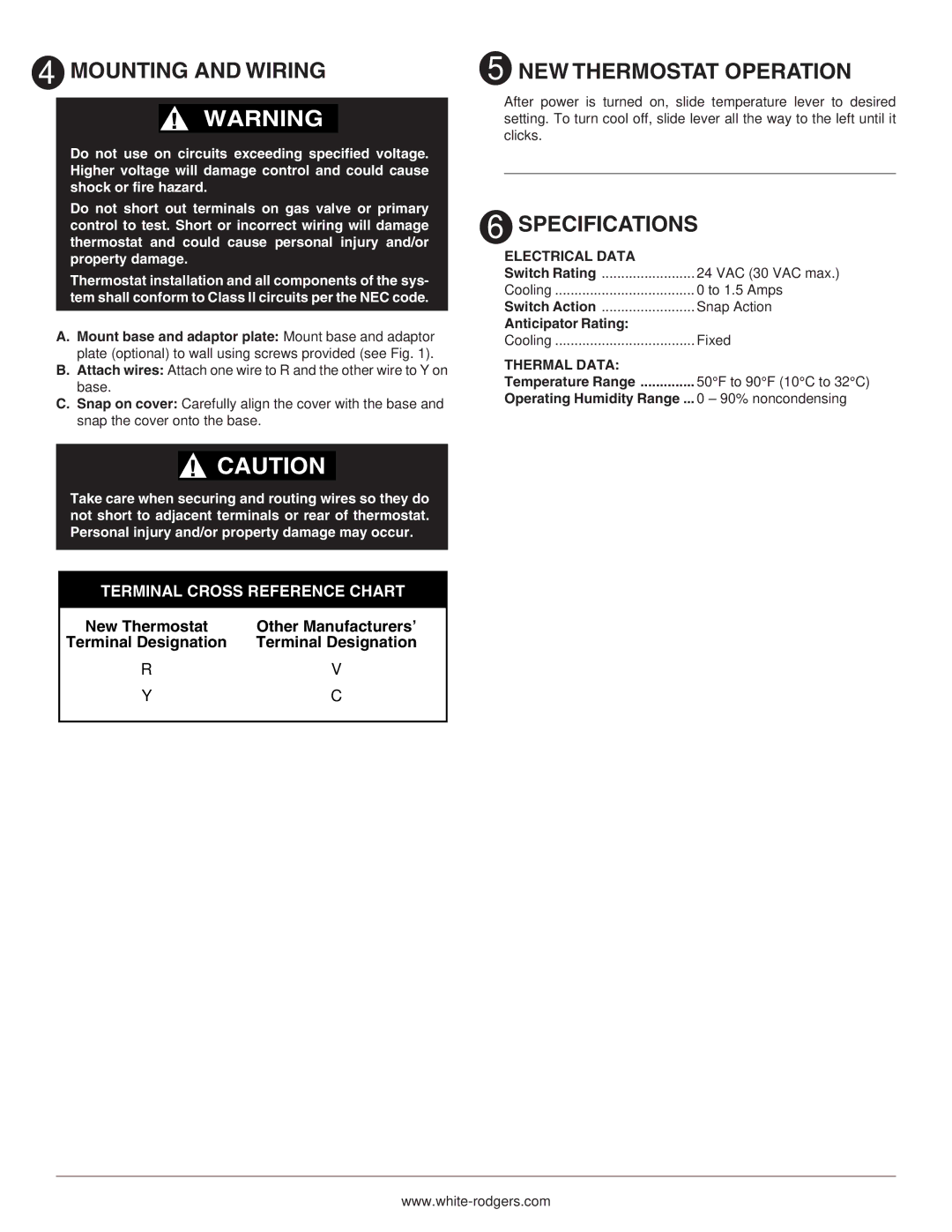 White Rodgers 1C21 installation instructions Mounting and Wiring, NEW Thermostat Operation, Specifications 