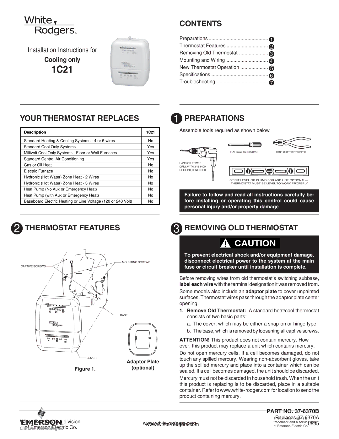 White Rodgers 1C21 installation instructions White-Rodgers is a division, Emerson Electric Co 