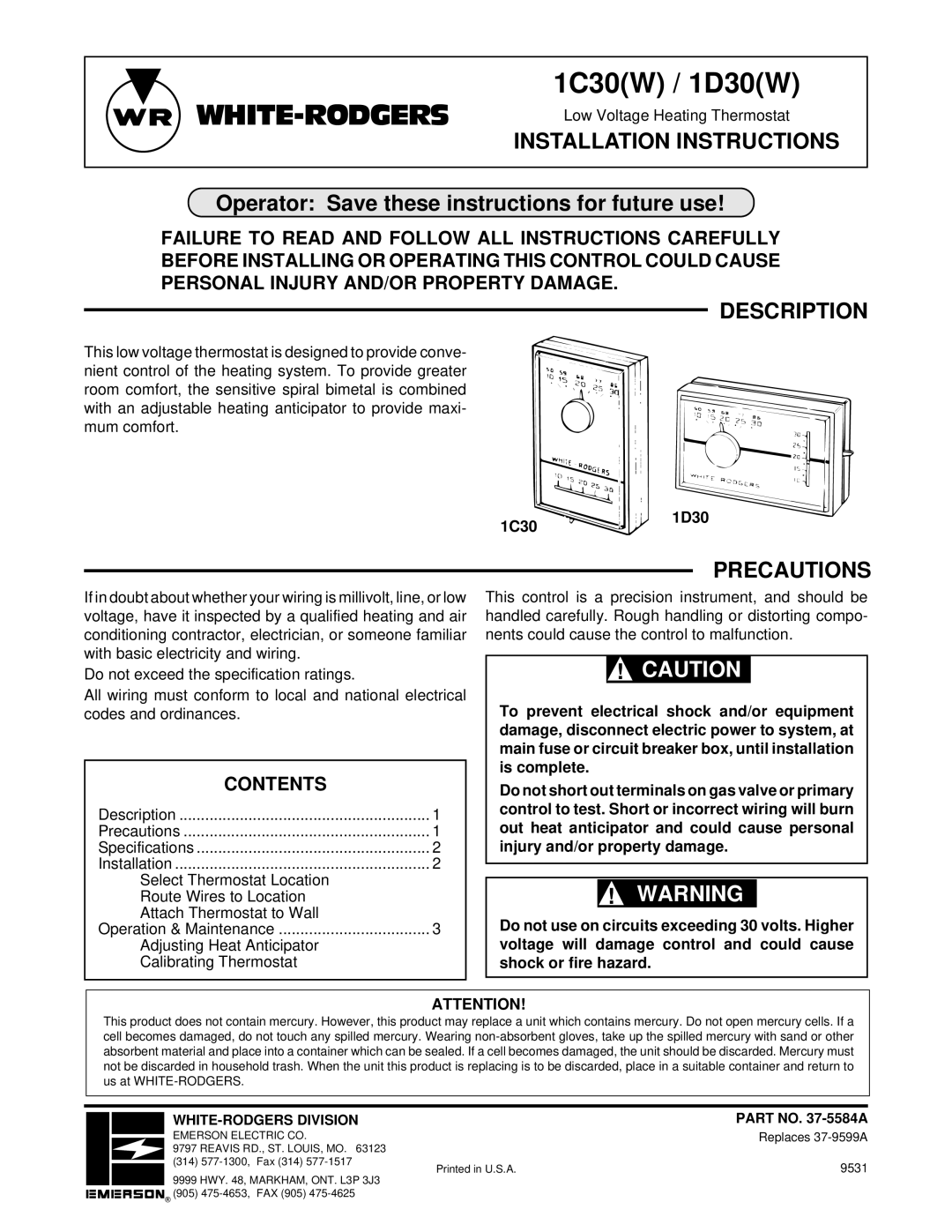 White Rodgers 1C30(W), 1D30(W) installation instructions Description, Precautions, Contents 